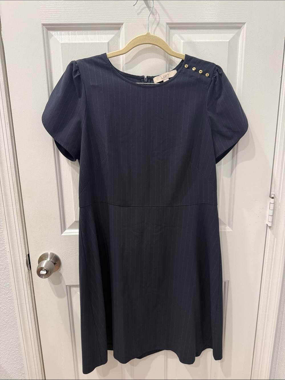 LOFT Navy Pinstripe Puff Sleeve Midi Dress with Shoulder Buttons